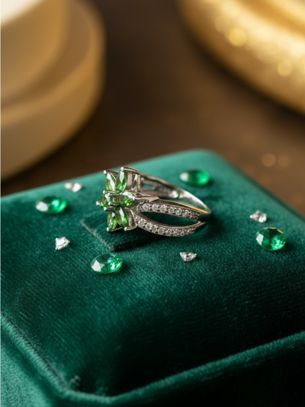 Green Emerald with double  band of cz Flower Ring stamped 925​